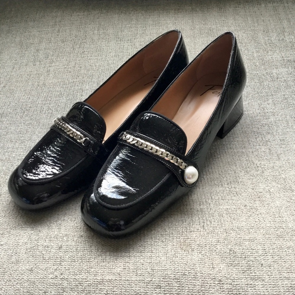 Roberto Festa Patent Leather Silver Chain and Pearl Loafers, Size 37 (US 7)